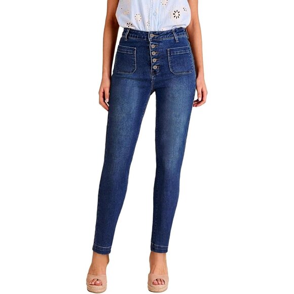 Denim - Women's High-Waisted Skinny Jeans Stretch Denim 8 Dark Blue Button Fly